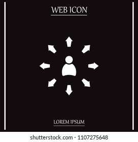 The choice of the way, the solution of the problem, a serious choice. Arrows pointing different directions around a person.Vector icon.