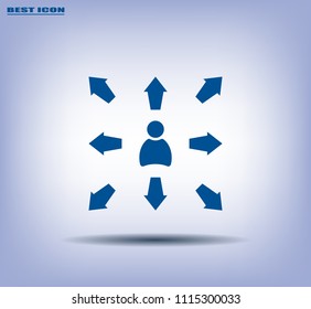 The choice of the way, the solution of the problem, a serious choice. Arrows pointing different directions around a person.Vector icon.