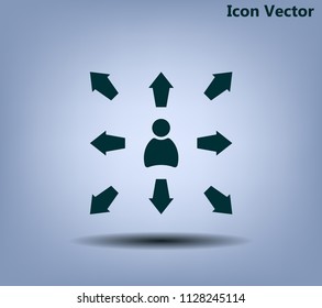 The choice of the way, the solution of the problem, a serious choice. Arrows pointing different directions around a person.Vector icon.
