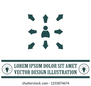 The choice of the way, the solution of the problem, a serious choice. Arrows pointing different directions around a person.Vector icon.