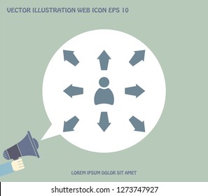 The choice of the way, the solution of the problem, a serious choice. Arrows pointing different directions around a person.Vector icon.