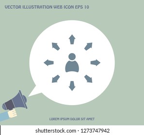 The choice of the way, the solution of the problem, a serious choice. Arrows pointing different directions around a person.Vector icon.