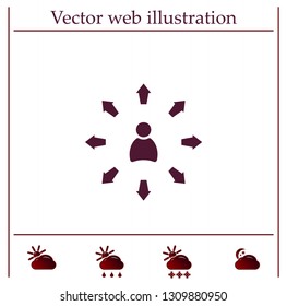 The choice of the way, the solution of the problem, a serious choice. Arrows pointing different directions around a person.Vector icon.