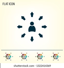 The choice of the way, the solution of the problem, a serious choice. Arrows pointing different directions around a person.Vector icon.