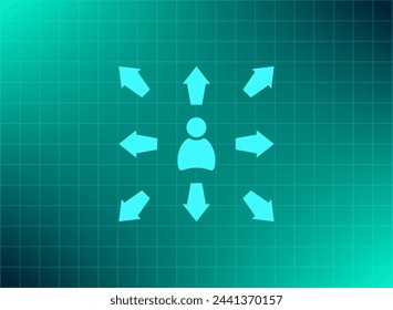 The choice of the way, the solution of the problem, a serious choice. Arrows pointing different directions around a person.Vector icon.