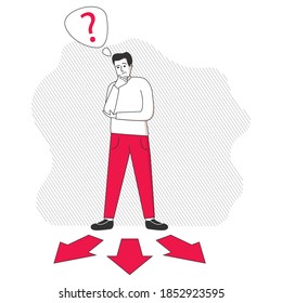 Manera de elegir. Hombre parado en las flechas de la encrucijada. Marca de pregunta de carácter de contorno sobre su cabeza. .Vector de ilustración plana.Estilo de arte de línea.