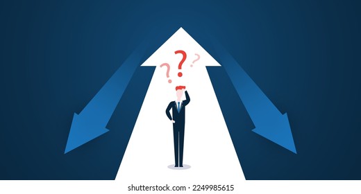 Choice, Ways, Directions - Design Concept Vector - Decisions, Businessman Deciding, Trying to Figure Out the Next Step - Man Standing in Front of Big Up Down Arrows of Pointing to Possible Directions