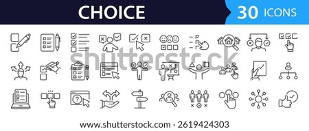 Choice Web Icon Set in Line Style. Collection of Selection Linear Icons, Including decision, option, choose, quiz, option, preference, list, possibility, decide, dilemma and More. Editable Stroke