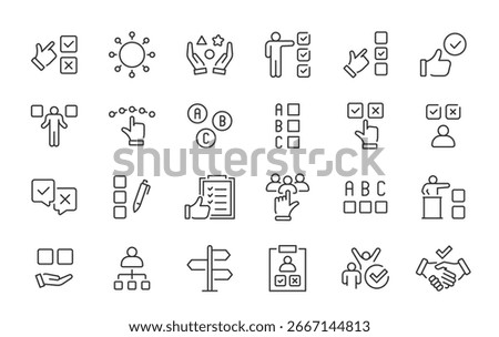 Choice web icons in line style. Option, checkmark, solving, selection, choose, possibility, collection. Vector illustration.