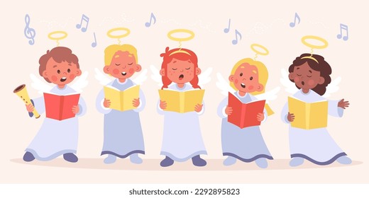 Choir of angels children flat icons set. Cute kids with nimbus singing songs. Entertainment. Singers with book and musical instrument. COlor isolated illustration