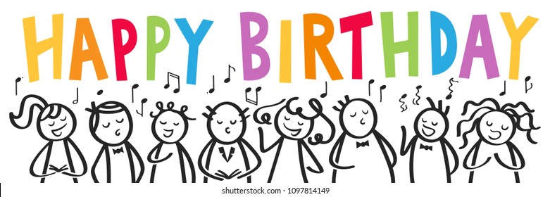 Choir, banner, men and women singing HAPPY BIRTHDAY, black and white stick figures with colorful letters isolated on white background