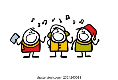 Choir of boys sing Christmas carols outside in winter.  Vector illustration of children in warm clothes and a street concert. Hand drawn stick figure character isolated on white background.