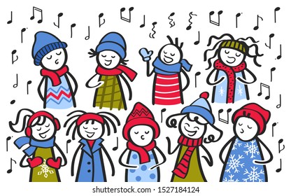 Choir, carol singers, stick figures in winter clothing singing a song