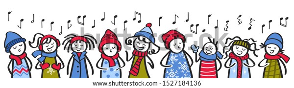 Choir, carol singers, stick figures in winter
clothing singing song,
banner