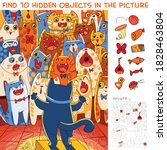 Choir of cats with a cat conductor. Find 10 hidden objects in the picture. Puzzle Hidden Items. Funny cartoon character