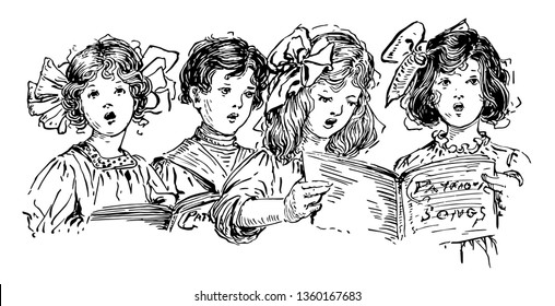 Choir of children singing and reading out of their song book, vintage line drawing or engraving illustration.