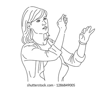 Choir conductor. Woman music director. Vector illustration with black outline.