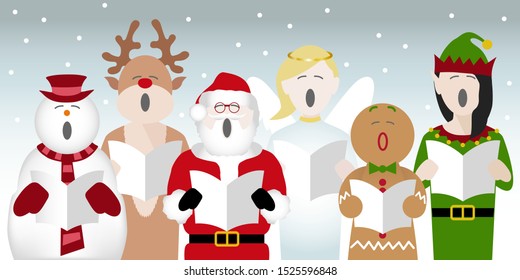 choir consisting of a snowman, father Christmas, gingerbread man, reindeer, elf and fairy characters singing Christmas carols in the snow