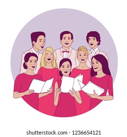 Choir, ensemble on the stage. Concert.  Singing people. Vocalists, classical music. Vector illustration.