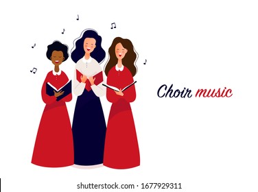 Choir, ensemble performing on the stage. Concert. Singing people. Vocalists, classical music. Vector illustration.