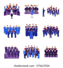 Choir flat icons collection of 9 musical ensembles of singers dressed in blue navy black isolated vector illustration 