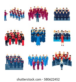 Choir flat icons collection of 9 musical ensembles of singing people led by conductor colorful isolated vector illustration 