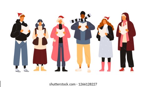 Choir or group of cute men and woman dressed in outerwear singing Christmas carol, song or hymn. Smiling street singers or carolers isolated on white background. Holiday flat vector illustration.