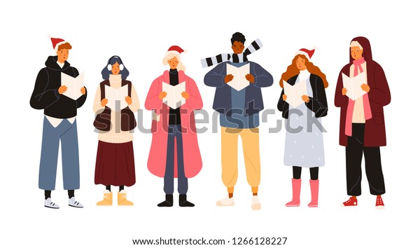 聖歌隊や 上着を着たかわいい男性や女性のグループが クリスマスキャロルや歌 讃美歌を歌っています 白い背景に微笑む街頭の歌手またはキャロラー ホリデーのフラットベクター画像イラスト のベクター画像素材 ロイヤリティフリー