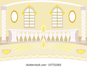 Choir loft in a small chapel with a small balustrade, spiral columns, two windows, not empty frames for paintings and other decorations