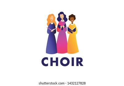 Choir logo vector template. Group of multicolor people singing. Female flat cartoon characters singing vector illustration isolated on white background.