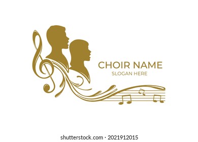 Choir and Music logo.  Singing Man and Woman face silhouette logo template design vector. Treble clef.