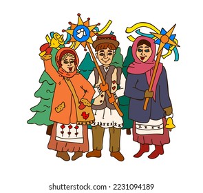 A choir of people singing Christmas hymns,carolers,
traditional heroes for the Ukrainian nativity scene.