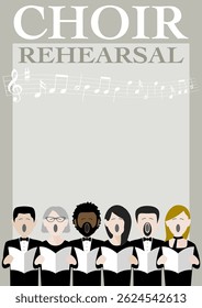 cartaz de ensaio do coro com um grupo diversificado de cantores do coro