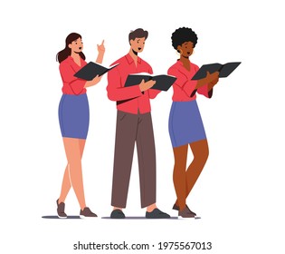 Choir Repetition or Performance. Characters Singing in Chorus. Young Singers Multiracial Men and Women holding Singing Books Perform Musical Composition on Scene. Cartoon People Vector Illustration