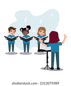 Choir of Singers. Characters singing in chorus. children with singing books perform musical composition on the scene with conductor management process. Cartoon people vector illustration