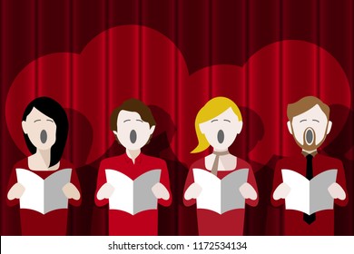 choir singers singing in front of a red curtain