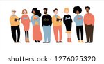 Choir singing. Group of people singing. Group of male and female flat cartoon characters isolated on white background. Vector illustration.