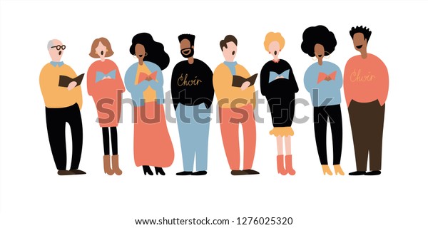 Choir singing. Group of people singing.\
Group of male and female flat cartoon characters isolated on white\
background. Vector\
illustration.