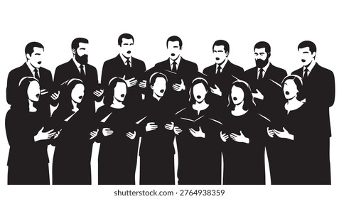 Choir singing performance in black and white illustration