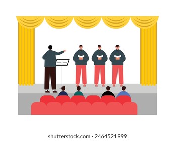 Choir squad performing classical songs on stage, theater vector illustration.