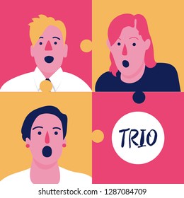 Choir, trio singing. Puzzle collage. Vector illustration flat design.