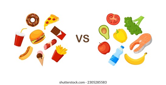 Choise between healthy and unhealthy food. Fastfood vs balanced products menu. Fresh fruit, vegetables. Bad fat and carbs. Vector illustration isolated on white background.