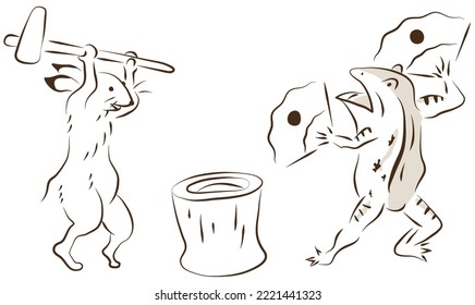 "Chojujin Caricature" in which rabbits pound rice cakes. vector illustration