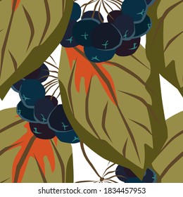 Chokeberry. Autumn seamless pattern with leaves and berries. Vector background.