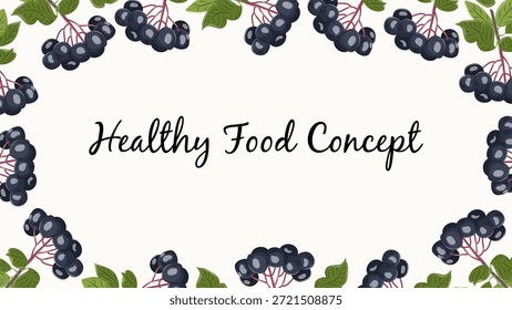Anuncio de Vector de Chokeberry con bayas oscuras y hojas verdes. Elegante marco de frutas botánicas sobre fondo blanco para Diseño web, anuncios de alimentos, envases y diseños de temporada.

