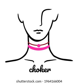 Choker icon vector template with sketch female head. Line illustration isolated on white background for social media highlights, company icon, web site icon, jewelry flyer design.