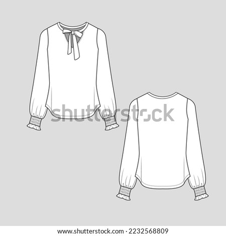 Choker Neck knotted top Long Sleeve gathering smocked hem frill fashion sketch drawing template design Stock photo © 