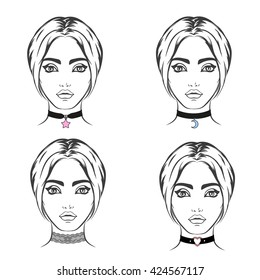 Choker set vector isolated. Necklace with symbol and lace