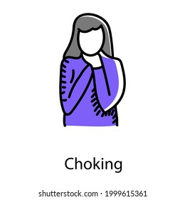 Choking in hand drawn style icon, thing stuck in throat 