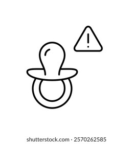 Choking hazard alert. Pacifier and exclamation mark in triangle. Infant product safety notice. Pixel perfect vector icon
